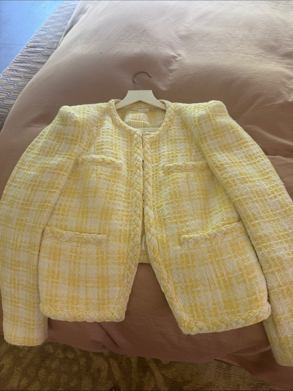 Veronica Beard Yellow and Cream Tweed Collarless Jacket